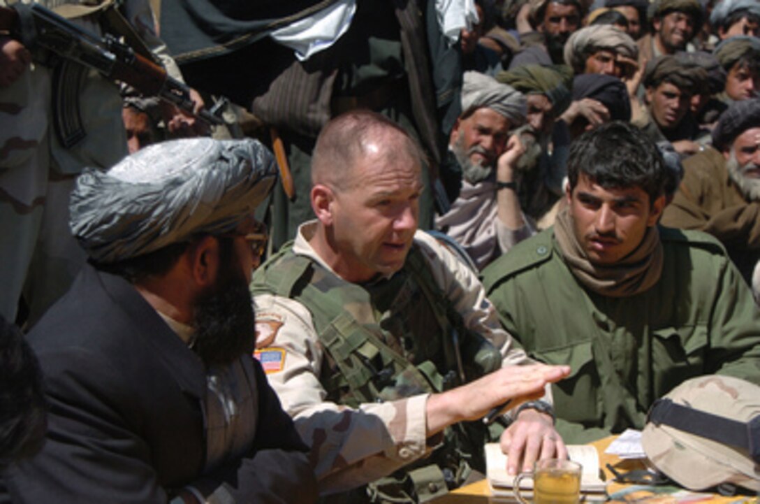 Gov. Arman (left) and U.S. Army Lt. Col. Scott McBride (center) talk with local residents at a village in the Zabol Province of Afghanistan on March 28, 2005. Arman and McBride are meeting with district leaders about acquiring necessities needed to improve the quality of life in their villages. McBride is attached to the 2nd Battalion, 35th Infantry Regiment, 25th Infantry Division (Light), Scofield Barracks, Hawaii. 