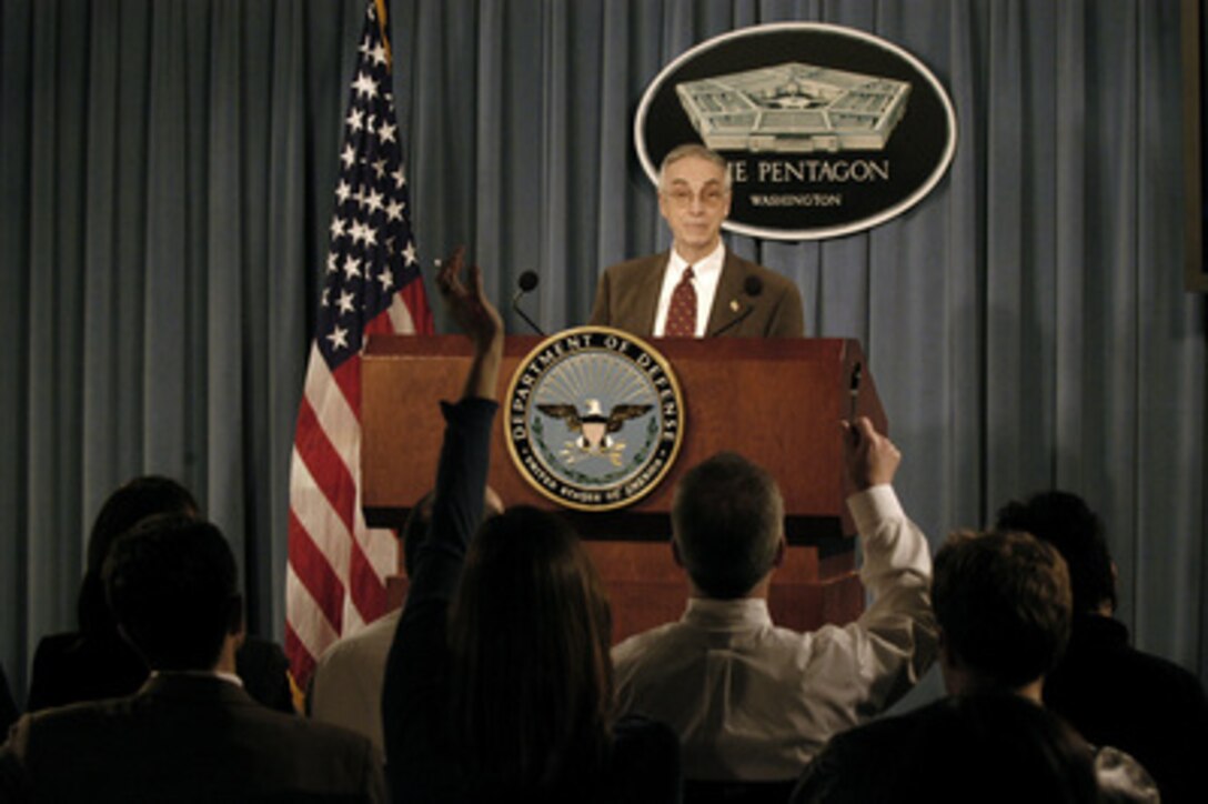 Secretary of the Navy Gordon England takes questions during a Pentagon press briefing on Combatant Status Review Tribunals on March 29, 2005. 