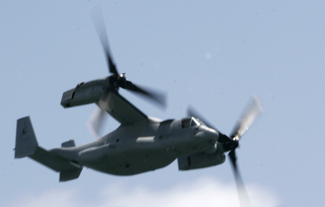 A V-22 Osprey demonstrates what no other aircraft in the world can do during 2005 McDonald's Air and Sea show. The Osprey followed the Marine Air Ground Task Force demonstration.