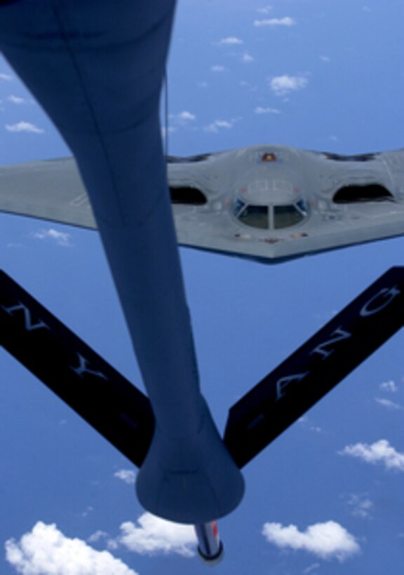 A B-2 Spirit bomber maneuvers toward a refueling boom as it prepares for a refueling mission over the Pacific Ocean May 2, 2005. The B-2 stealth bomber is deployed to Guam from the 393rd Expeditionary Bomb Squadron, Whiteman Air Force Base, Mo., to maintain a continuous bomber presence in the Asia-Pacific region. 