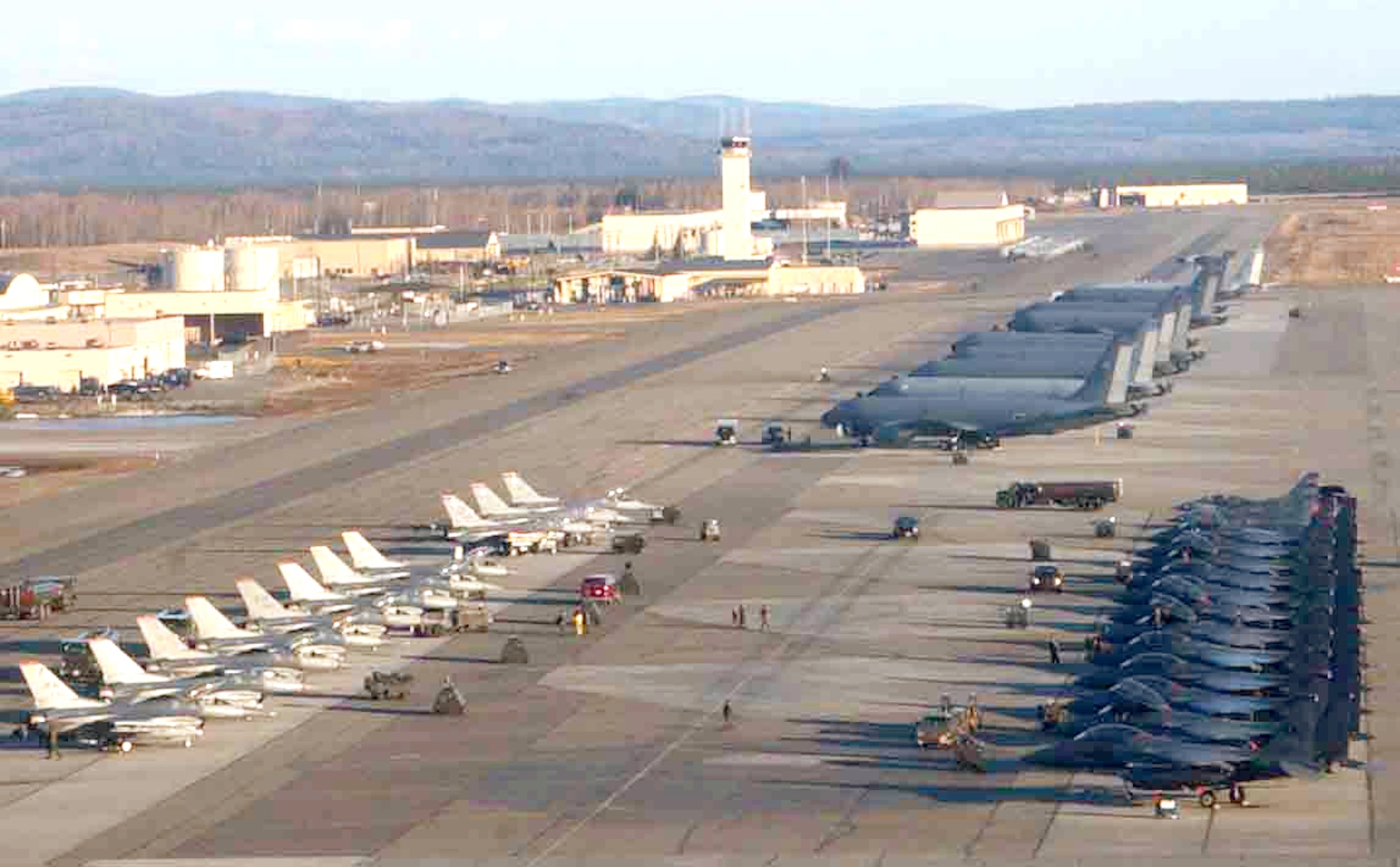 EIELSON AIR FORCE BASE, Alaska -- Aircraft sit on the flightline during Cope Thunder.  The annual exercise involves nine units and about 1,000 Airmen and 50 aircraft from Pacific Air Forces, Air Combat Command and the Air National Guard. (U.S. Air Force photo by Airman Justin Weaver)