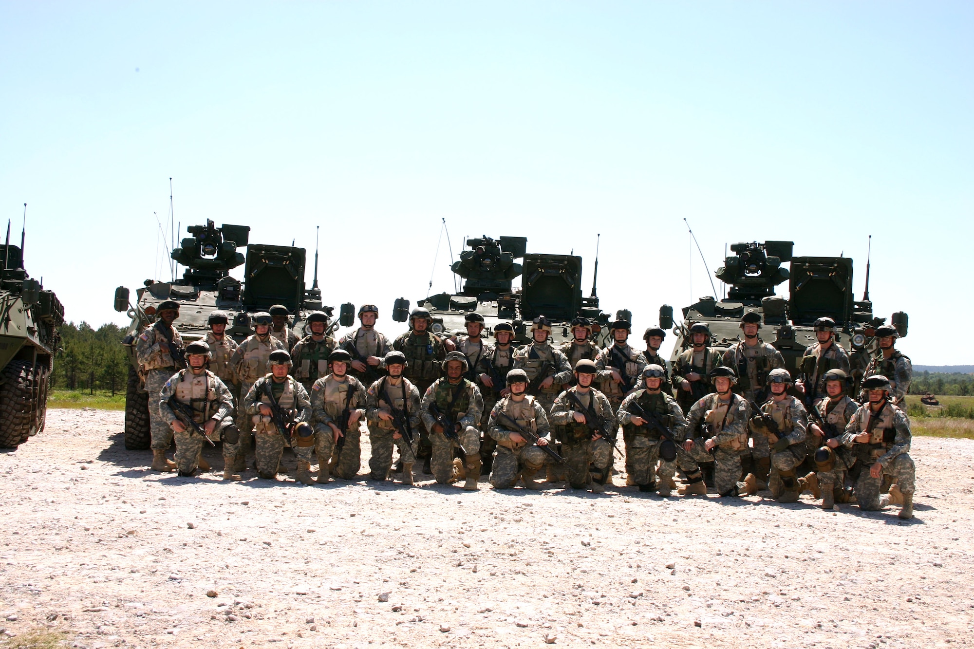 FORT POLK, La. -- Airmen from the 3rd Air Support Operations Squadron stand in front of the Stryker armored vehicle added to the Air Force inventory during a May 5 ceremony at Fort Polk, La., where Airmen will train with the Stryker alongside Soldiers from the 172nd Stryker Brigade Combat Team in preparation for an upcoming deployment to Southwest Asia. (Photo courtesy of Rosana Weaver, The Leesville Daily Leader)
