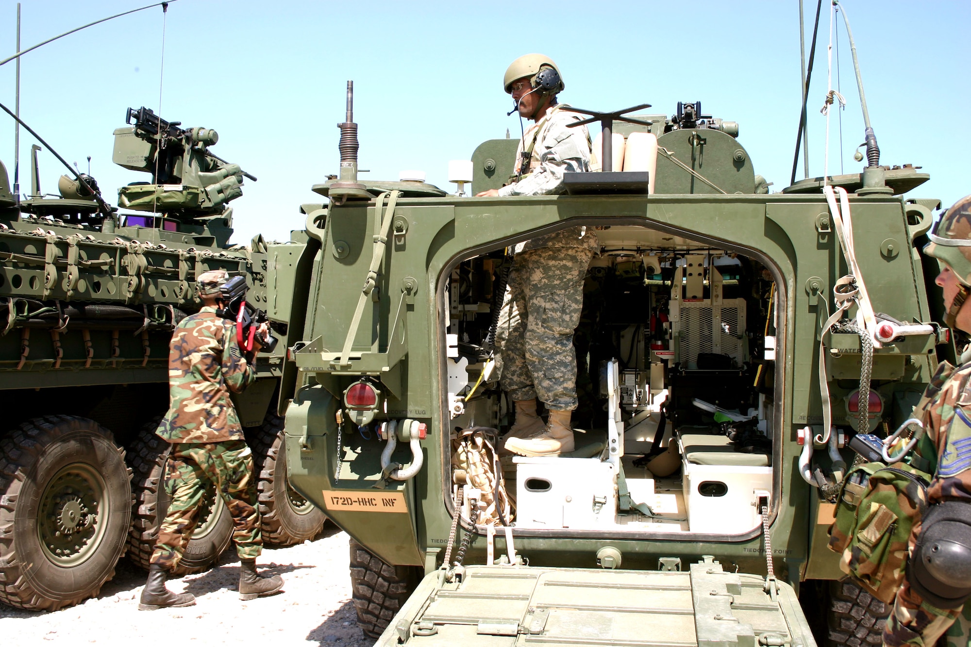 FORT POLK, La. -- An Airman from the 3rd Air Support Operations Squadron stands inside the Stryker armored vehicle added to the Air Force inventory during a May 5 ceremony at Fort Polk, La., where Airmen will train with the Stryker alongside Soldiers from the 172nd Stryker Brigade Combat Team in preparation for an upcoming deployment to Southwest Asia. (Photo courtesy of Rosana Weaver, The Leesville Daily Leader)