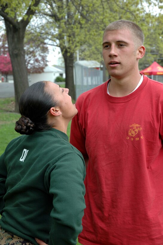 Recruiting Station Albany, N.Y. (7 May 2005) -- Drill Instructor Sgt. Jennifer N. Kelton, Female Readiness Platoon, Special Training Company, Support Battalion, Marine Corps Recruit Depot Parris Island, SC,  corrects Poolee Capowski for incorrectly addressing a Marine during RS Albany's first annual Poolee Field Meet.