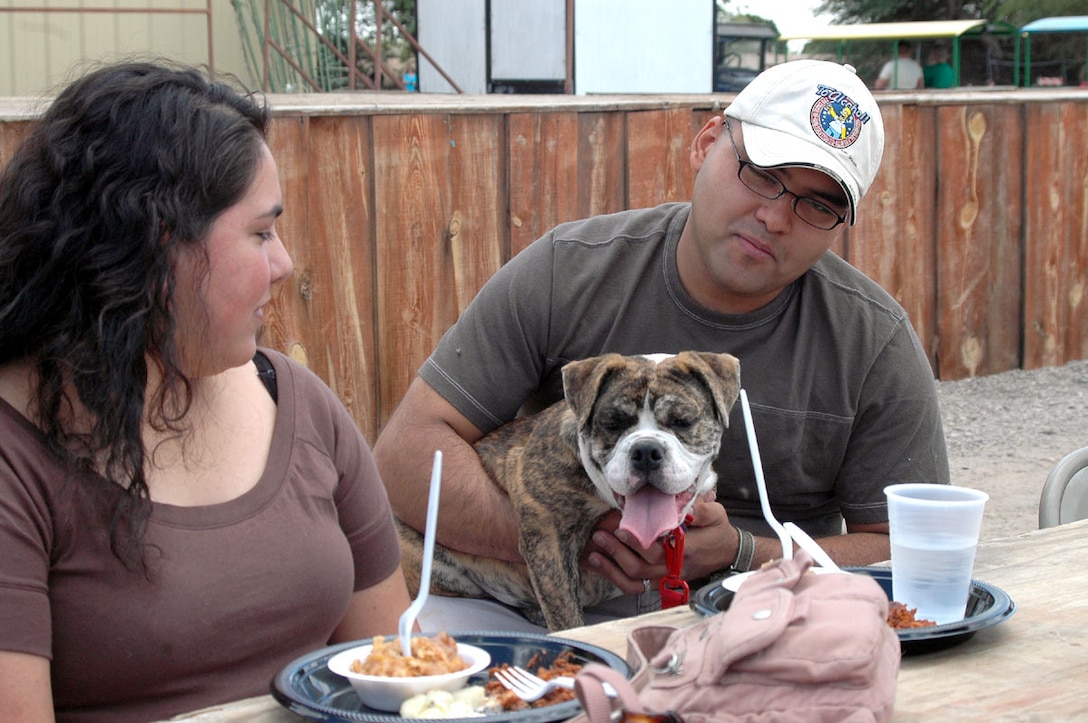 7-month-old Lucy, a British bulldog, hungrily eyes the barbecue beef provided by Britain's Farm Chuckwagon and Steakhouse Friday for Marine Attack Squadron-214's family picnic. Her owners, Cpl. Richard Ramirez, engine mechanic, VMA-214, and his wife Cindy, both of Rose Mead, Calif., did their best to keep the puppy from gorging on their food.