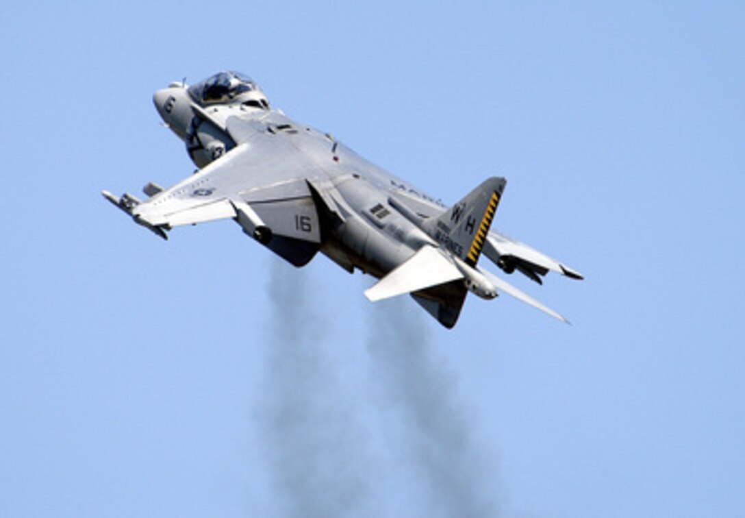 An AV-8B Harrier II takes off nearly vertical during a flight demonstration at the 2005 Marine Corps Air Station Cherry Point Air Show in Cherry Point, N.C., on May 7, 2005. The Harrier is assigned to Marine Attack Squadron 542 at Cherry Point. 