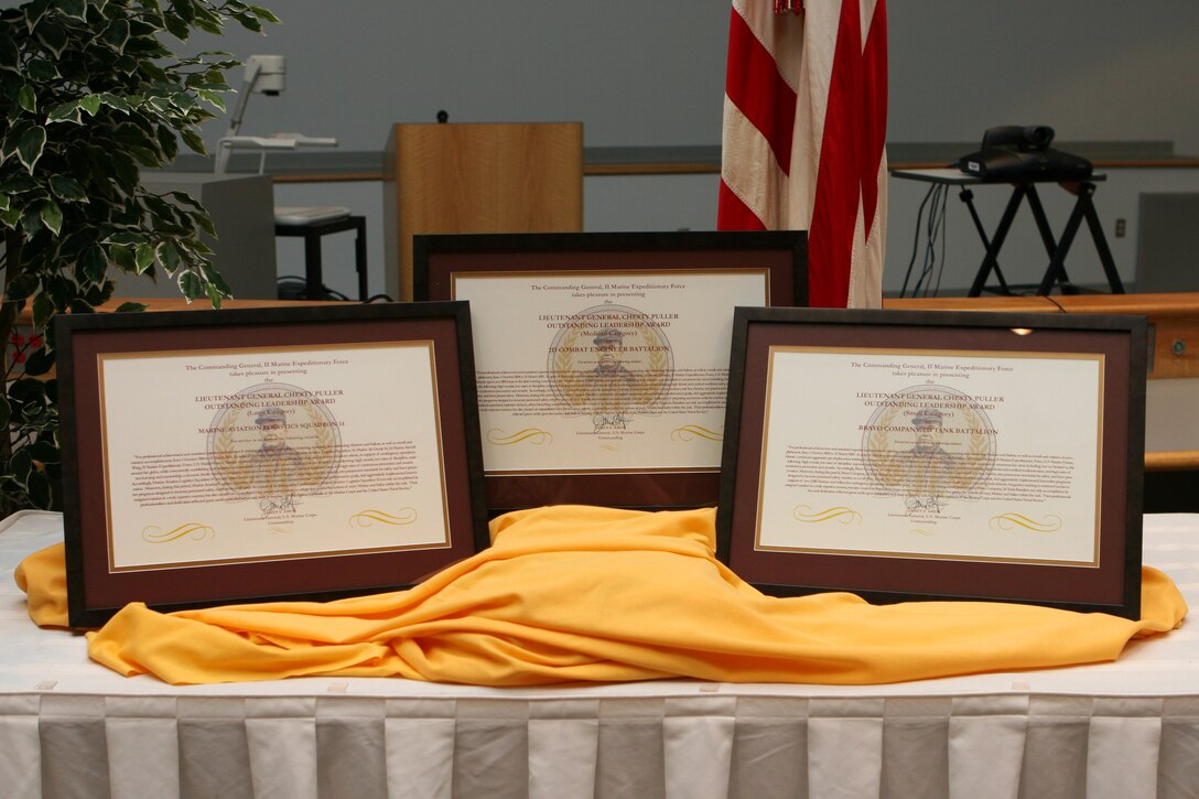 The Lt. Gen. Chesty Puller Award is given to large, medium and small units that demonstrate outstanding unit leadership in several areas.  The award ceremony here May 10 marked the naming of the first winners of the new award.