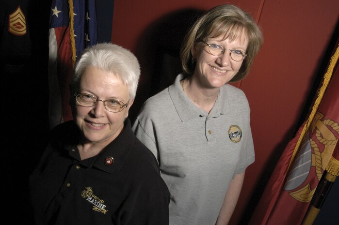 Mary Lou Keester, left, and Thea Welke founded the Marine Moms of the Quad-Cities, a support group for the mothers of current or soon-to-be Marines in the Davenport, Iowa, area in April 2005. With many wary mothers and fathers urging their children to avoid military service, Marine recruiters in the area refer parents to Welke and Keester, who offer to share their own experiences about having kids in the Corps. (Photo taken May 11, 2005, by Staff Sgt. Bill Lisbon)