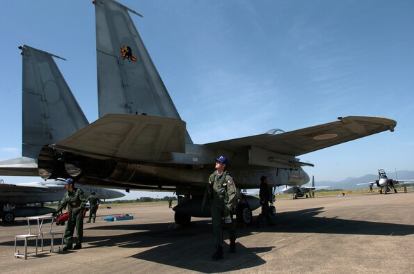 NYUTABARU AIR BASE, Japan -- Capt. Justin Fletcher inspects his F-15 Eagle before a mission.  Captain Fletcher provides F-15 pilot techniques and counterair tactics to Japanese airmen here.  He is a pilot and exchange officer assigned to the 23rd Fighter Tactical Squadron.  (U.S. Air Force photo by Master Sgt. Val Gempis)