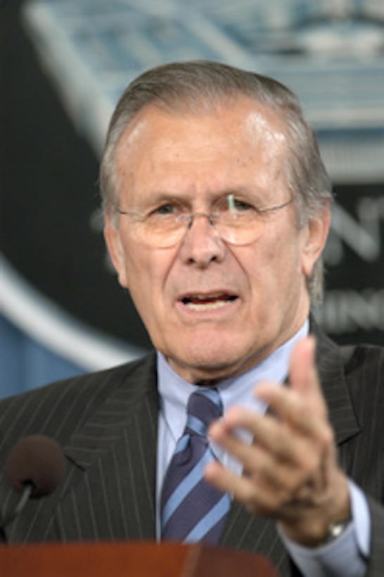 Secretary of Defense Donald H. Rumsfeld talks to reporters during a Pentagon briefing about the process that was followed by the Base Realignment and Closing Commission on May 12, 2005. Rumsfeld, Chairman of the Joint Chiefs of Staff Gen. Richard B. Myers and representatives of each of the service chiefs thanked members of the commission for making the difficult decisions inherent in the process. 