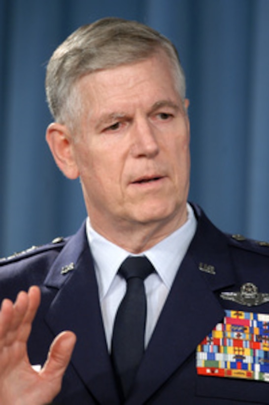 Chairman of the Joint Chiefs of Staff Gen. Richard B. Myers, U.S. Air Force, comments during a Pentagon press briefing about the process followed by the Base Realignment and Closing Commission on May 12, 2005. The commission had the mandate to reduce excess capacity in owned and leased properties. Myers, Secretary of Defense Donald H. Rumsfeld and representatives of each of the service chiefs thanked members of the commission for making the difficult decisions inherent in the process. 