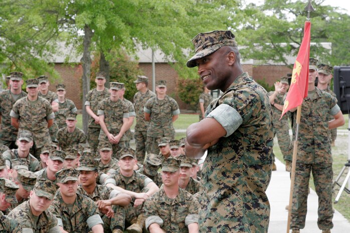 MARINE CORPS BASE CAMP LEJEUNE, N.C. - Sergeant Major John L. Estrada, the 15th Sergeant Major of the Marine Corps, visited Camp Lejeune Friday.  While on base, Estrada toured the Military Operations in Urban Terrain facility, ate at the 2nd Battalion, 2nd Marine Regiment chow hall, and talked to Marines from 2nd Marine Division, 2nd Force Service Support Group and Marine Corps Base.