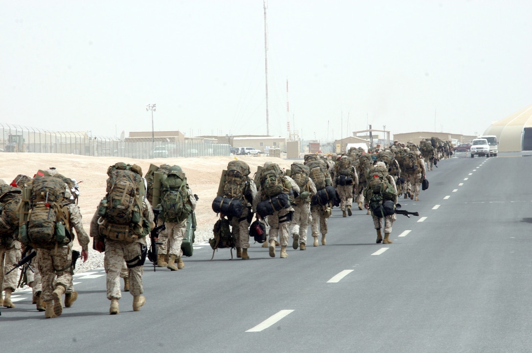 Marines of the 26th Marine Expeditionary Unit (Special Operations Capable),  arrive at Camp Buering, Kuwait.