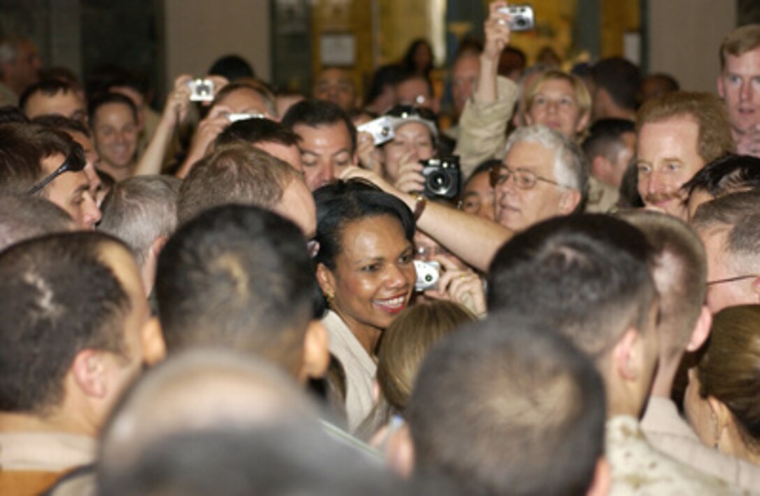 Secretary of State Condoleezza Rice greets U.S. Embassy and other military personnel at the American Embassy in Baghdad, Iraq, on May 15, 2005. 