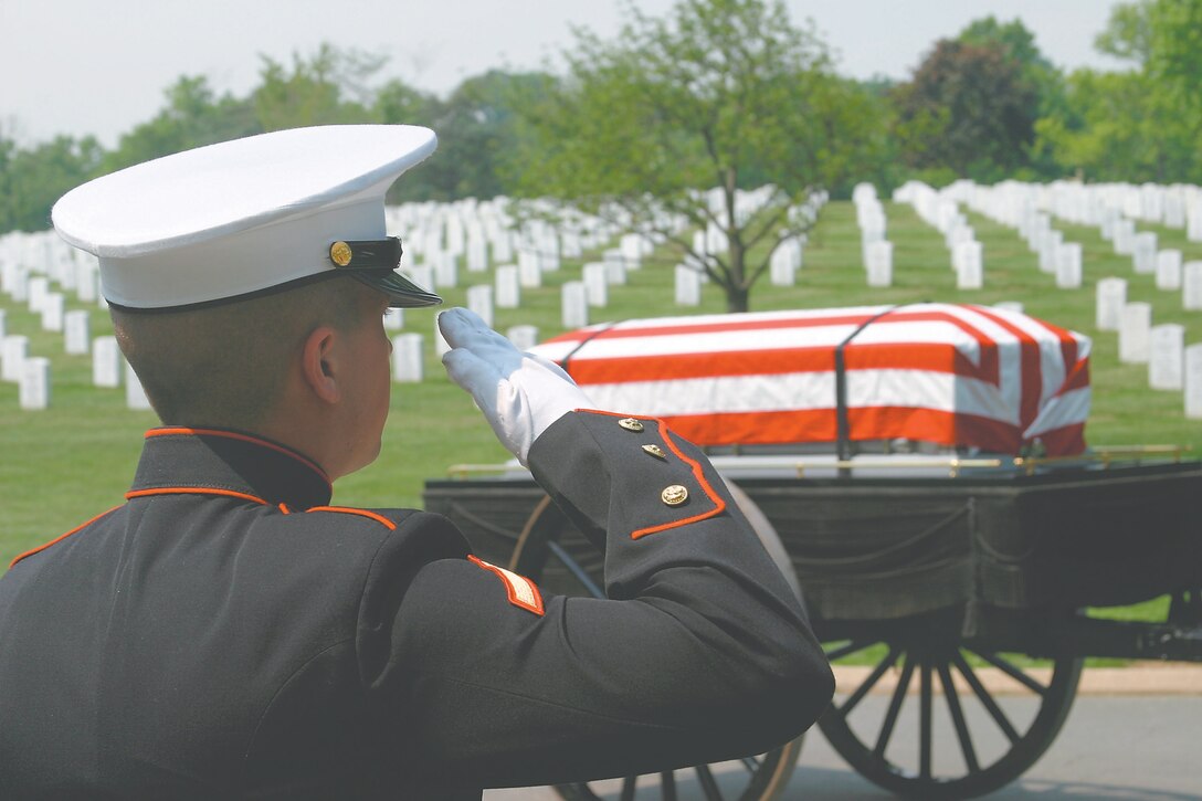 Cpl. Micah Snead A Marine salutes as Lt. Col. John C. Spahr's funeral procession moves through Arlington National Cemetery, May 18. Spahr, a 42-year-old Cherry Hill, N.J. native, died May 2, from injuries received when he F/he was piloting was involved in an aircraft mishap.