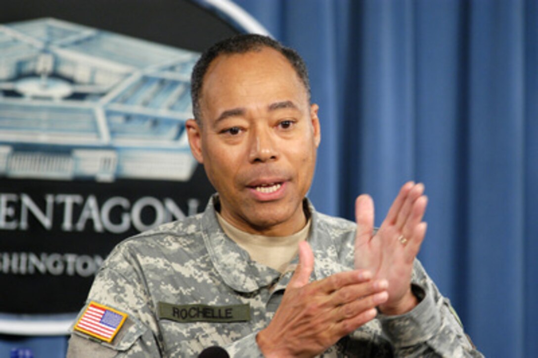 Commander of the U.S. Army Recruiting Command Maj. Gen. Michael D. Rochelle conducts a Pentagon press briefing to discuss some of the challenges facing Army recruiters on May 20, 2005. 