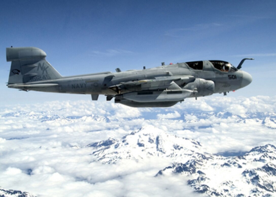 A Navy EA-6B Prowler flies near Mount Baker, Wash., during a training exercise on May 16, 2005. The all weather Prowler provides protection for strike aircraft, ground troops and ships by jamming enemy radar, electronic data links, communications and obtains tactical electronic intelligence within the combat area. This Prowler is attached to Electronic Attack Squadron 135 of Naval Air Station Whidbey Island, Wash. 