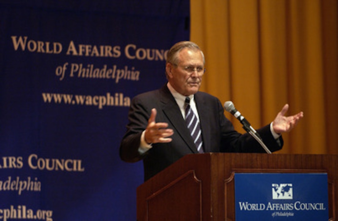 Secretary of Defense Donald H. Rumsfeld speaks at the World Affairs Council luncheon in the Park Hyatt Bellevue Hotel in Philadelphia, Pa., on May 25, 2005. Rumsfeld told the audience how the global war on terror is different from any war the United States has fought. 