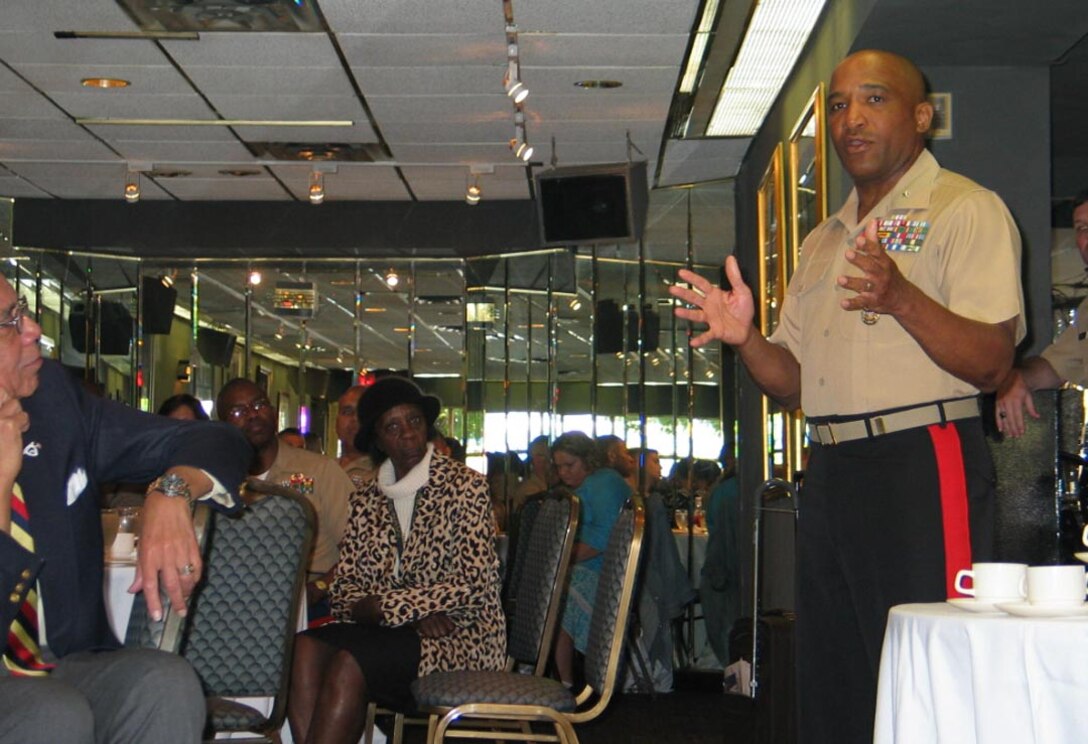 Brigadier General Ronald S. Coleman, commanding general of 2nd Force Service Support Group, spoke of his aspirations to be a minister and how his path has taken him minister to 8,000 Marines under his command instead of church congregation. He emphasized the point that it takes a community to build person. Recruiting Station New York hosted the Inaugural Harlem Leadership Fleet Week Prayer Breakfast at Sylvia?s restaurant in Harlem recently gathering leaders of the community and senior military leaders to honor local leaders and discuss the issues affecting the future of our Nation?s youth.