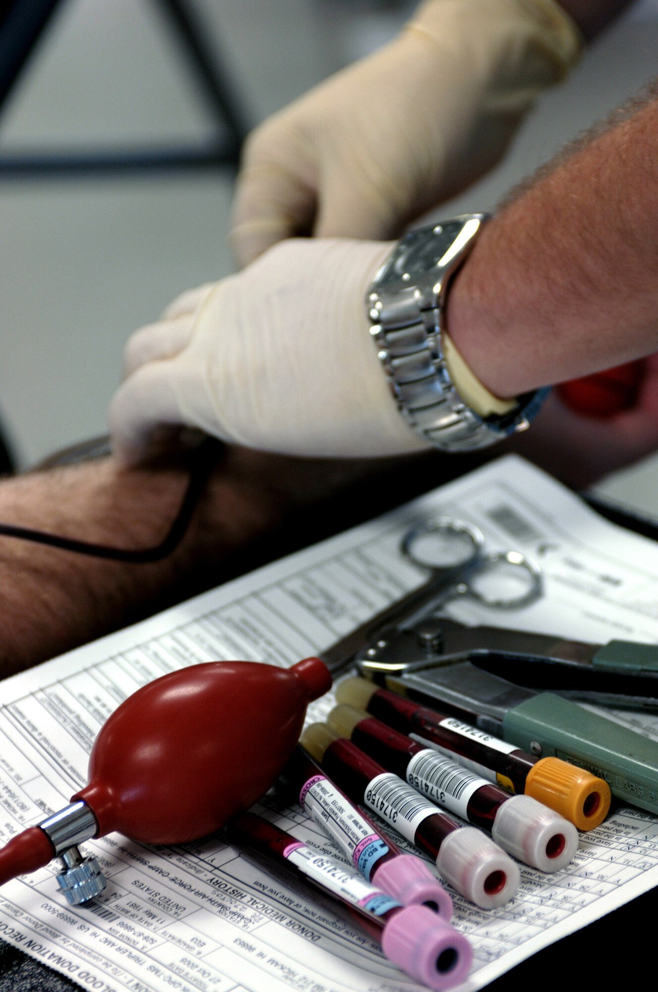 HICKAM AIR FORCE BASE, Hawaii (AFPN) -- Blood samples are taken to analyze during a blood drive here.  The base conducted a base-wide blood drive at the Hickam Community Activity Center Oct. 27. (U.S. Air Force photo by Tech. Sgt. Shane A. Cuomo)