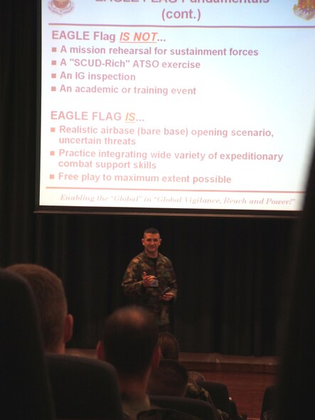 FORT DIX, N.J. -- U.S. Air Force Tech. Sgt. Robert Falcon, instructor with the 421st Combat Training Squadron here, gives a briefing to role players for Eagle Flag exercise 06-1 Oct. 18, 2005, in the Air Mobility Warfare Center.  The exercise, which practices expeditionary combat support skills for Air Force Airmen, began Oct. 18 and continues through Oct. 28.  (U.S. Air Force Photo by Tech. Sgt. Scott T. Sturkol)