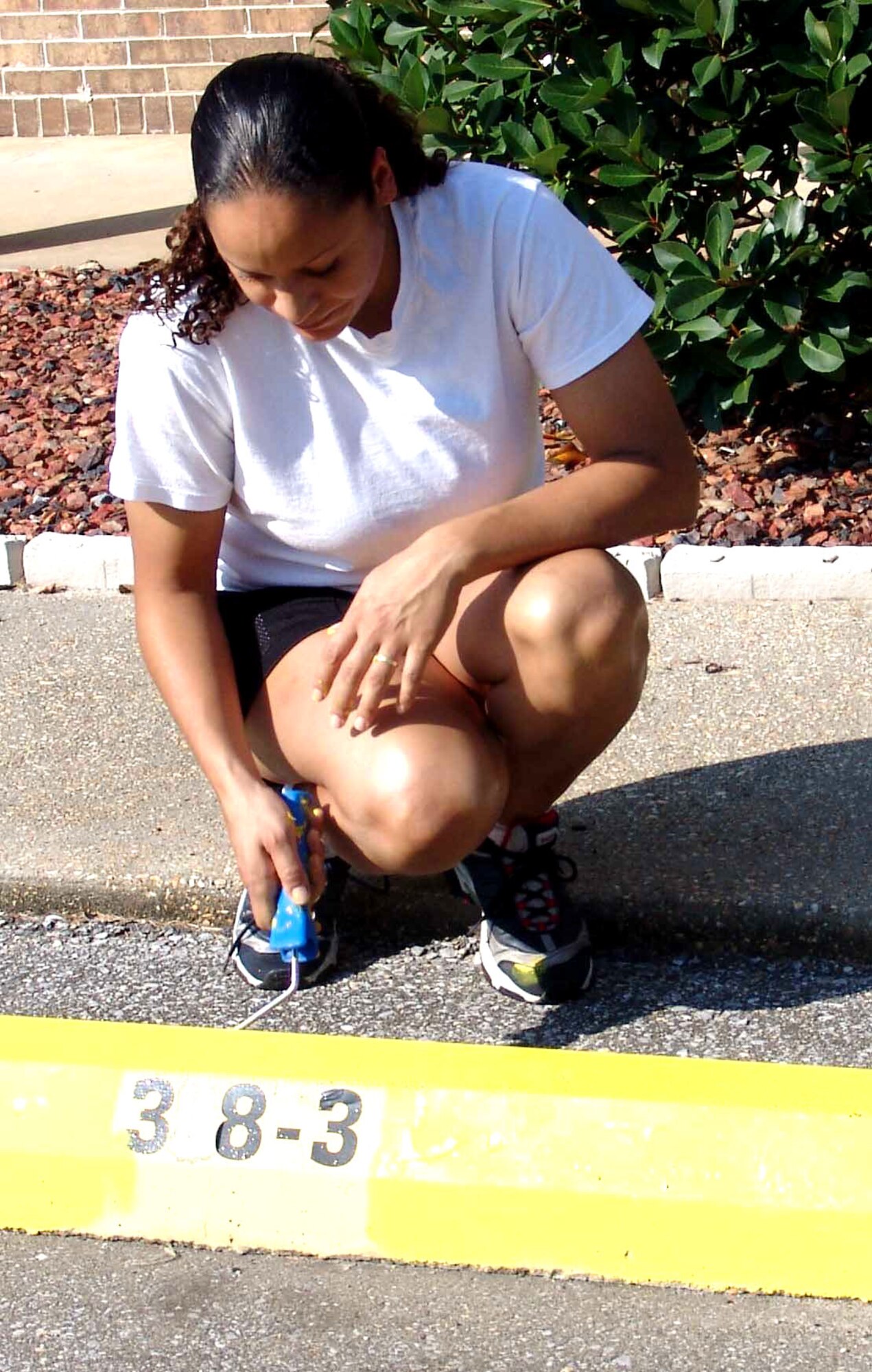 SHALIMAR, Fla. (AFPN) -- Staff Sgt. Giovanna Vogt paints the parking stop barriers in front of residents' homes at the Theresa Village in Ft. Walton Beach, Fla. Sergeant Vogt is a 33rd Aircraft Maintenance Squadron supply assistant. (U.S. Air Force photo by Lois Walsh)