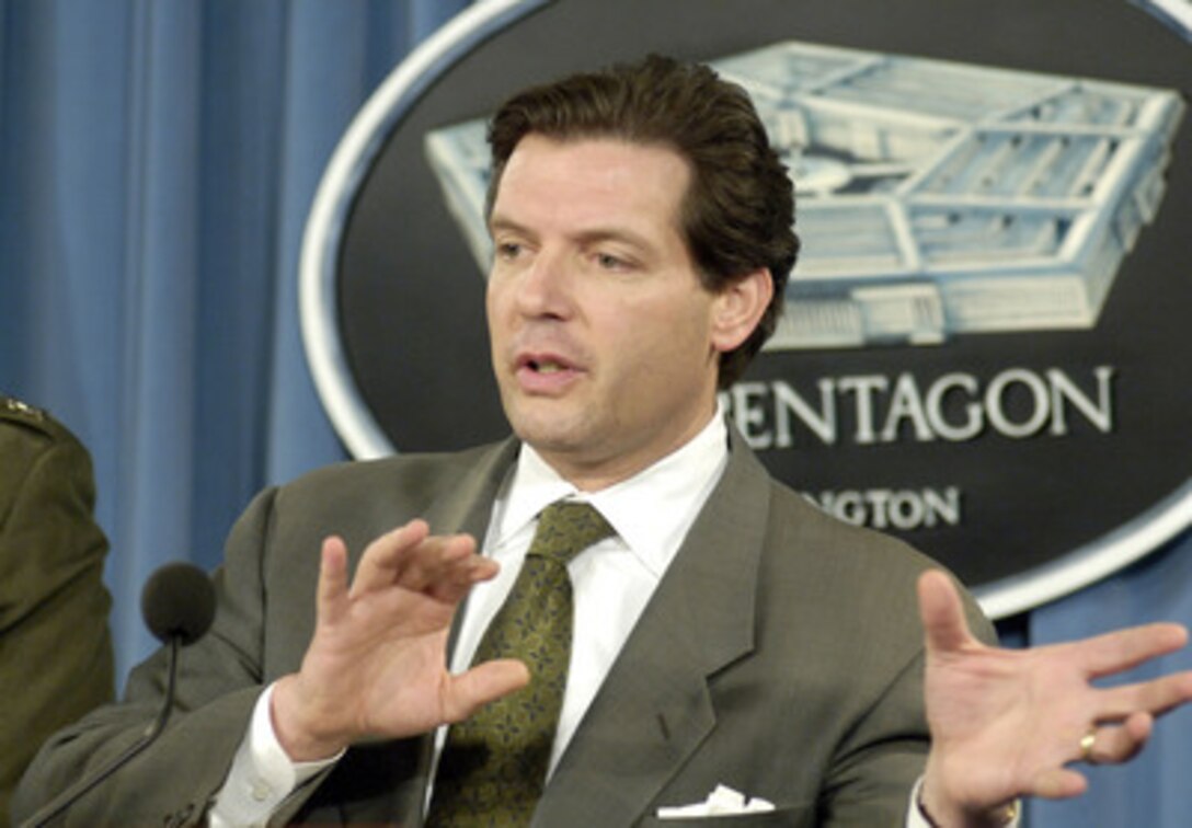 Principal Deputy Assistant Secretary of Defense for Public Affairs Lawrence Di Rita updates reporters in the Pentagon during a press briefing on Nov. 3, 2005. Di Rita was joined by Joint Staff Director of Operations Lt. Gen. James Conway, U.S. Marine Corps, for the briefing. 