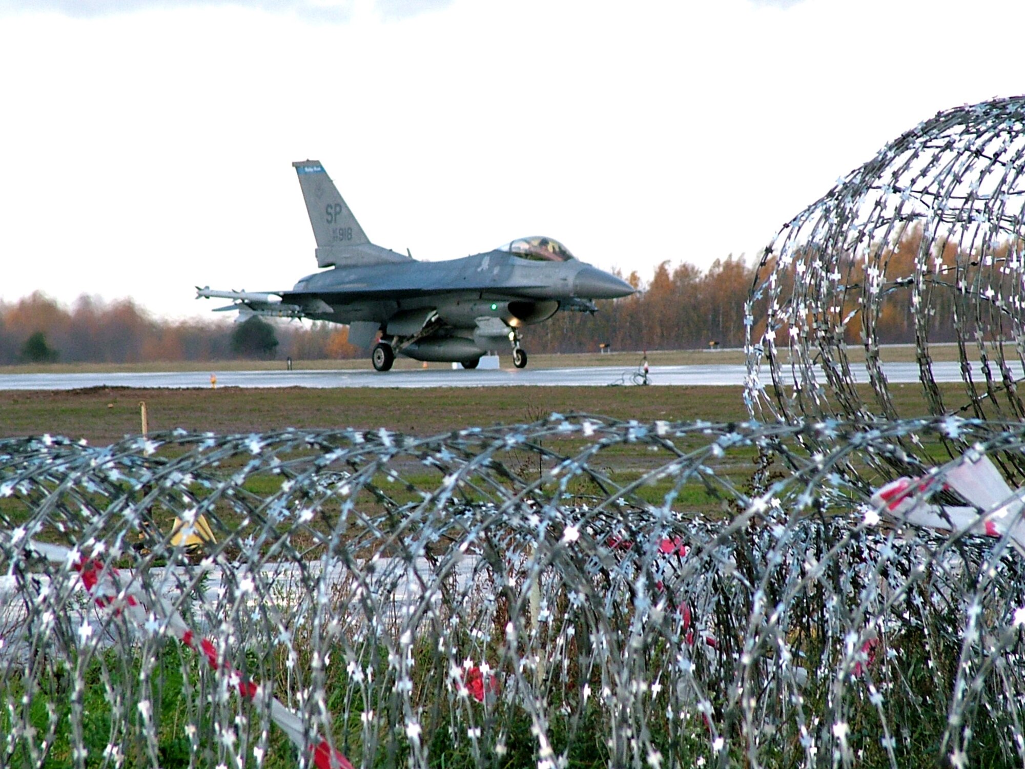 SIALULIAI, Lithuania (AFPN) -- Capt. Joey Gaona taxis along the flightline after a training flight here. Captain Gaona is a pilot assigned to the 23rd Expeditionary Fighter Squadron. The 23rd EFS is participating in NATO's Baltic Air Policing mission, providing 24-hour security over the skies of Lithuania, Latvia and Estonia. (U.S. Air Force photo by Capt. Thomas Crosson)