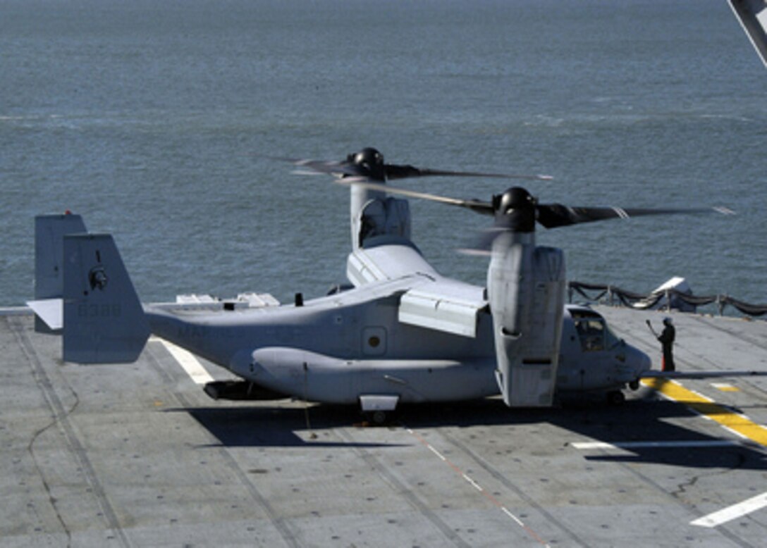 A U.S. Marine Corps MV-22 Osprey prepares to takeoff from the flight deck of the amphibious assault ship USS Wasp (LHD 1) at Naval Station Norfolk, Va., on Nov. 2, 2005. The tiltrotor aircraft is scheduled to replace the aging CH-46E Sea Knight and CH-53D Sea Stallion helicopters currently in service. The Osprey is assigned to Marine Tiltrotor Operational Test and Evaluation Squadron 22 of Marine Corps Air Station New River, N.C. 
