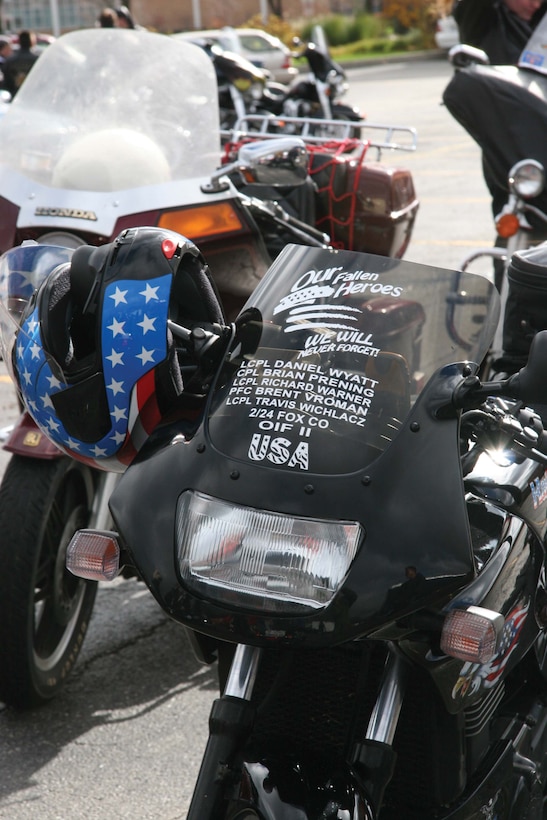 Decorated motorcycles honoring fallen Marines lined up to start the first Heroes Ride.