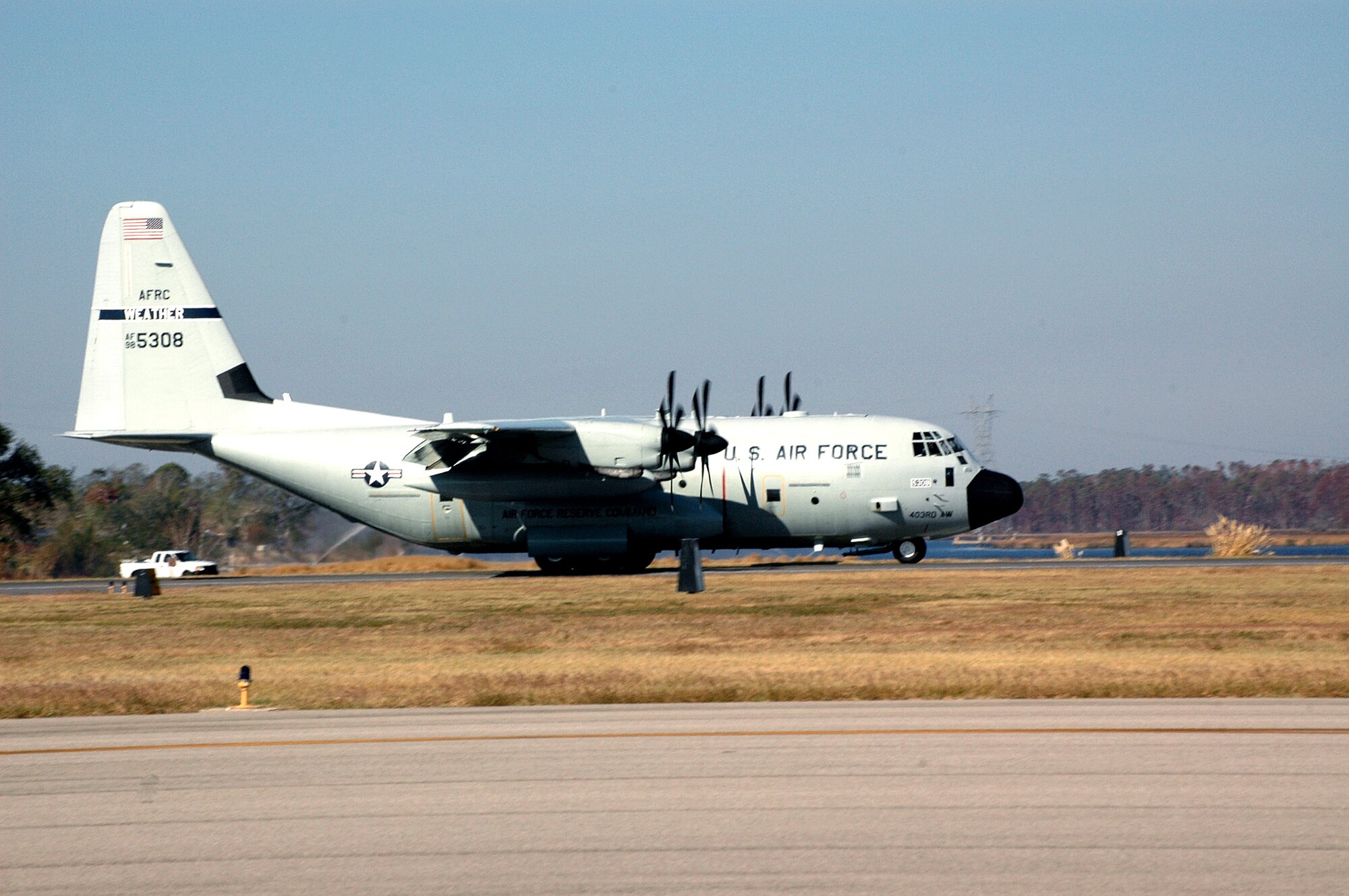 KEESLER AIR FORCE BASE, Miss. (AFPN) -- The final C-130J Hercules from the 403rd Wing here touched down after being forward deployed to Dobbins Air Reserve Base, Ga. The 403rd Wing mission, which includes the 53rd Weather Reconnaissance Squadron's "Hurricane Hunters" and the 815th Airlift Squadron's "Flying Jennies," fully reinstated its mission at Keesler after Hurricane Katrina damaged their home unit. (U.S. Air Force photo by Tech. Sgt. Chance Babin)