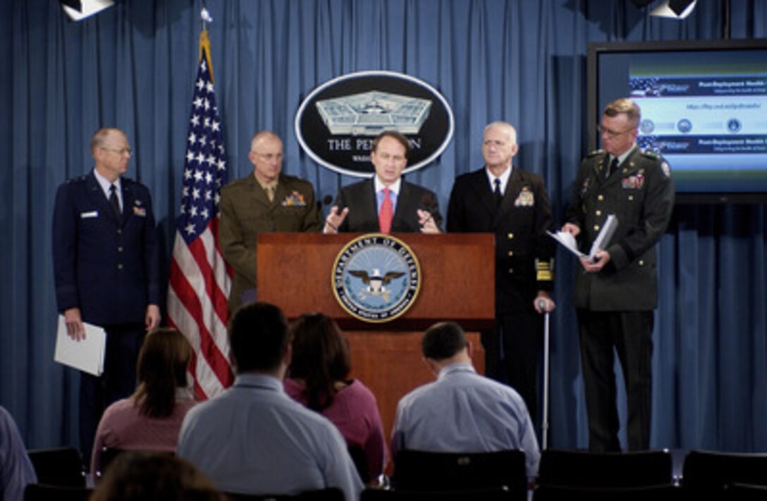 Assistant Secretary of Defense for Health Affairs Dr. William Winkenwerder (center) briefs reporters in the Pentagon on the pilot testing of the Post-Deployment Health Reassessment Program during a press briefing on Nov. 4, 2005. Winkenwerder was accompanied by Deputy Surgeon General of the Air Force Maj. Gen. James Roudebush (left), Chief Medical Officer of the Marine Corps Rear Adm. Tom Cullison (2nd from left), U.S. Navy, Surgeon General of the Navy Vice Adm. Donald Arthur (2nd from right) and Surgeon General of the Army Lt. Gen. Kevin Kiley (right). 
