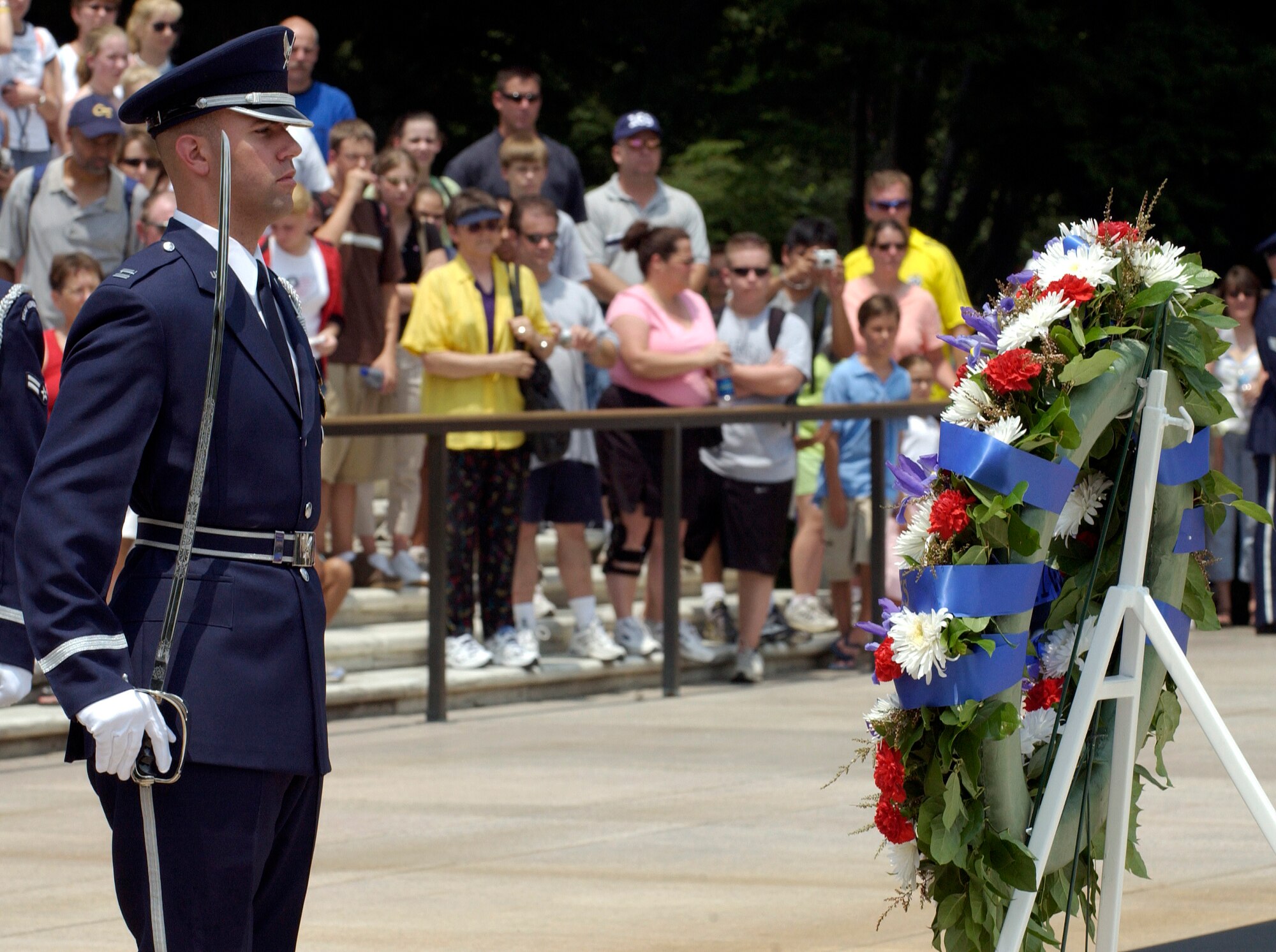 An Air Force Honor Guard Airman lays a wreath at Arlington National Cemetery's Tomb of the Unknown Soldier. (U.S. Air Force photo by Master Sgt. Jim Varhegyi)