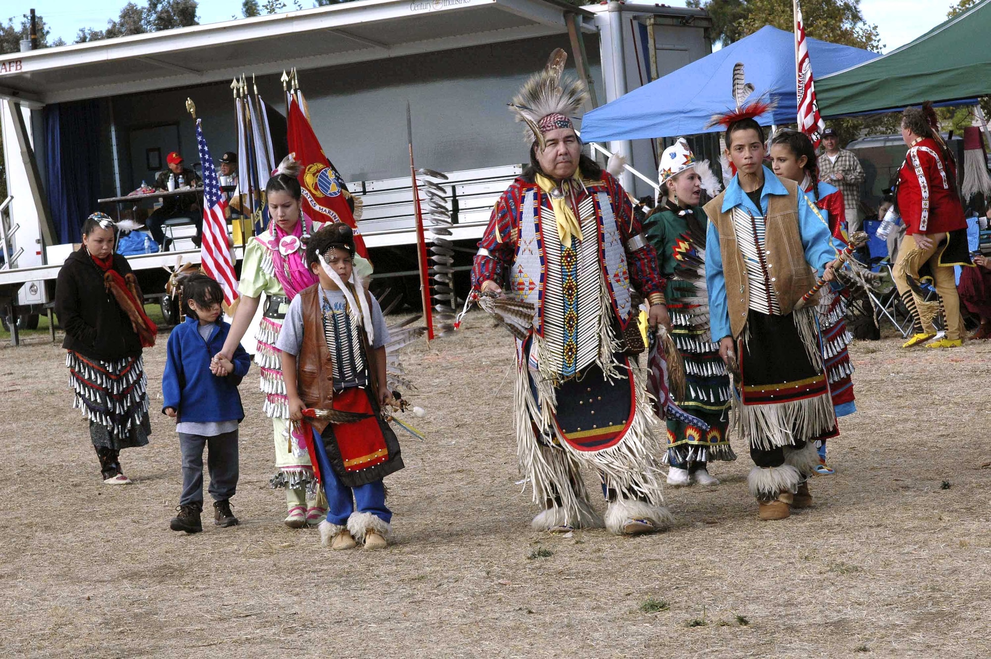 TRAVIS AIR FORCE BASE, Calif. (AFPN) -- Native Americans participate in a traditional dance during the fourth annual Veterans Pow Wow here. About 20 separate Native American nations were represented in the two-day event Nov. 5 and 6.  (U.S. Air Force photo by Airman 1st Class Tiffany Low)