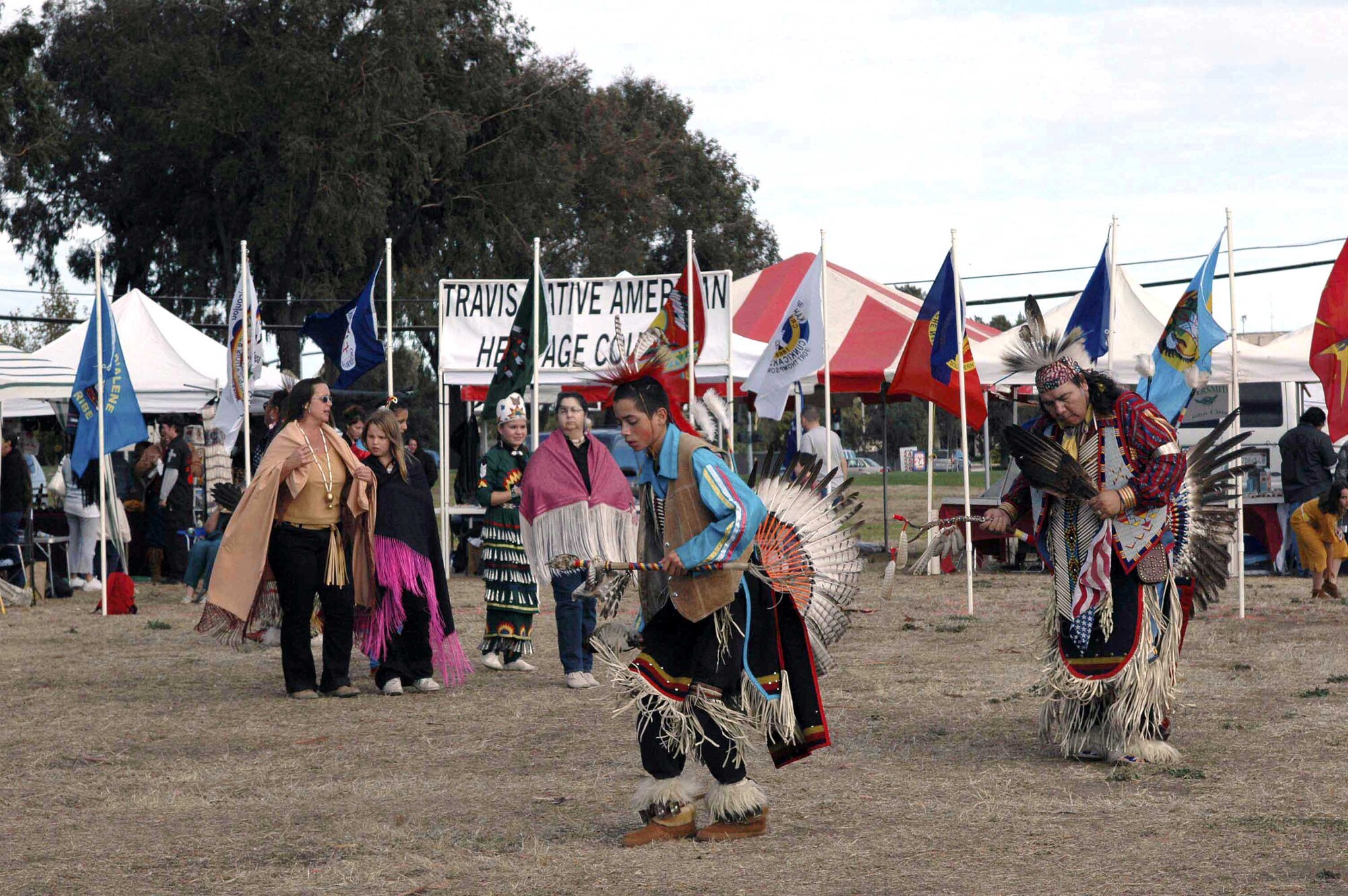 TRAVIS AIR FORCE BASE, Calif. (AFPN) -- Native Americans participate in a traditional dance during the fourth annual Veterans Pow Wow here. About 20 separate Native American nations were represented in the two-day event Nov. 5 and 6.  (U.S. Air Force photo by Airman 1st Class Tiffany Low)