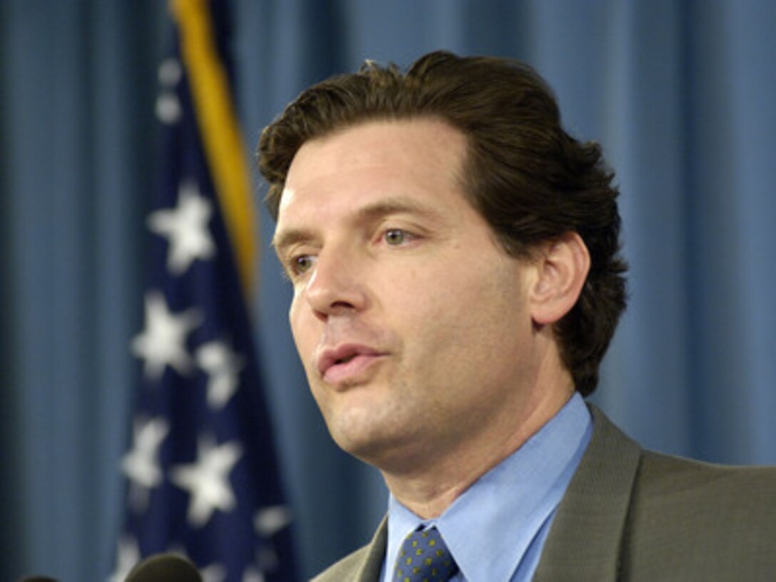 Principal Deputy Assistant Secretary of Defense for Public Affairs Lawrence Di Rita conducts a press briefing in the Pentagon on Nov. 10, 2005. Di Rita began by offering condolences to the people of Jordan after suicide terrorist attacks and then took questions from reporters. 