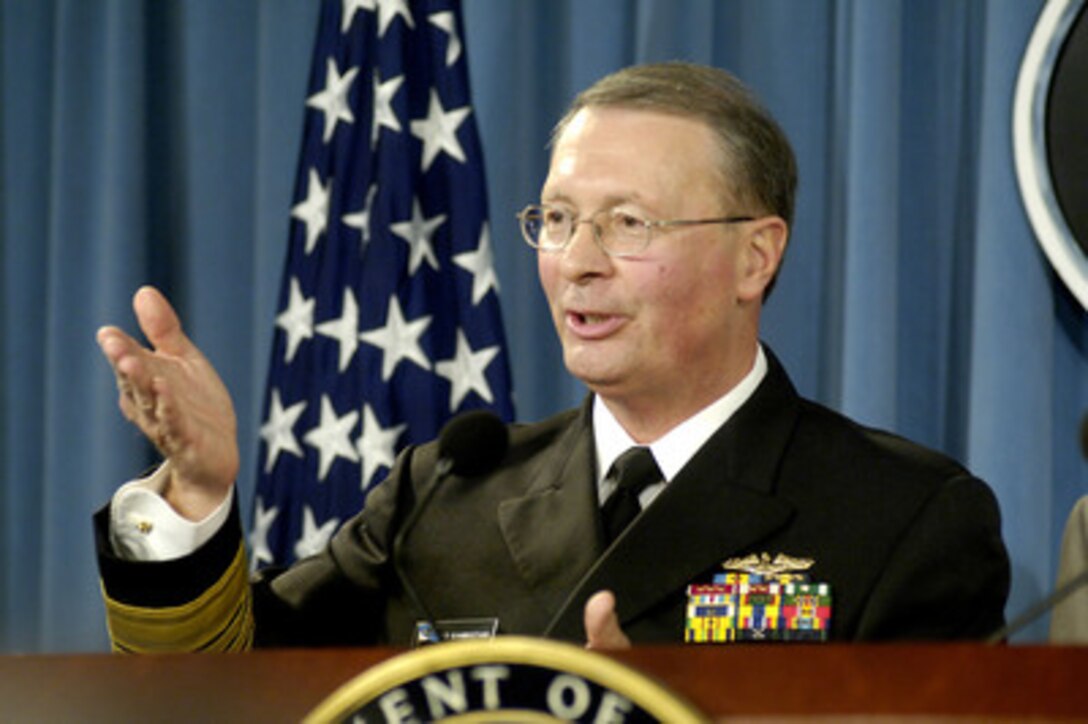 Vice Chairman of the Joint Chiefs of Staff Adm. Edmund P. Giambastiani, U.S. Navy, answers a reporter's question during a press briefing in the Pentagon on Nov. 15, 2005. Giambastiani joined Secretary of Defense Donald H. Rumsfeld in briefing reporters on the progress of operations in Iraq. 