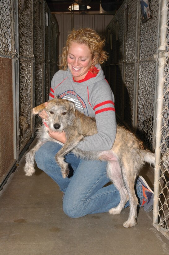 Angie Marchman, Single Marine Program coordinator, gives some much needed attention to Scruffy, pure mutt, inside the Humane Society of Yuma, Ariz., kennel Nov. 16. In case a family is looking for them, Scruffy and other strays brought to the society are held for three days before being eligible for adoption.