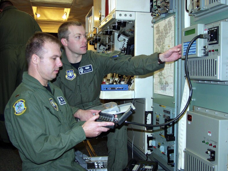 MINOT AIR FORCE BASE, N.D. (AFPN) -- Second Lt. Stephen Grinage (left) and 1st Lt. Bill Dyer do a very low frequency key load for the minimum essential emergency communication network at the Oscar-01 missile alert facility. The completion of Oscar-01, on Nov. 11, marked the final modification to the last of 50 launch control centers. Lieutenants Grinage and Dyer are with the 742nd Missile Squadron. (U.S. Air Force photo by Staff Sgt. Carla Williams)