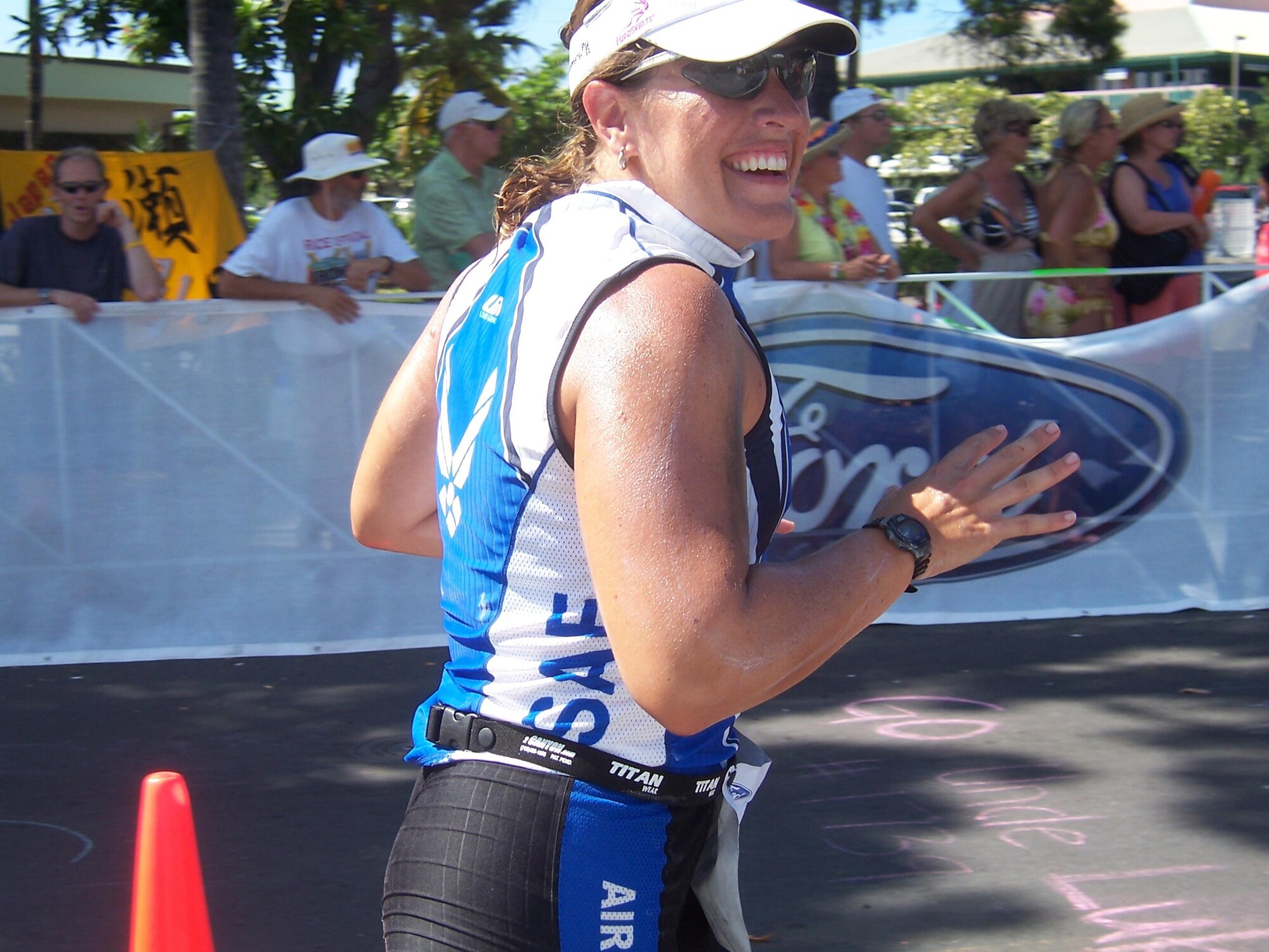 Capt. Abby Ruscetta, 16th Aircraft Maintenace Squadron, nears the finish line of the IronMan Triathalon Championship Oct. 15 in Kona, HI. Capt Ruscetta was one of two Hurlburt Airmen who participated in the event.