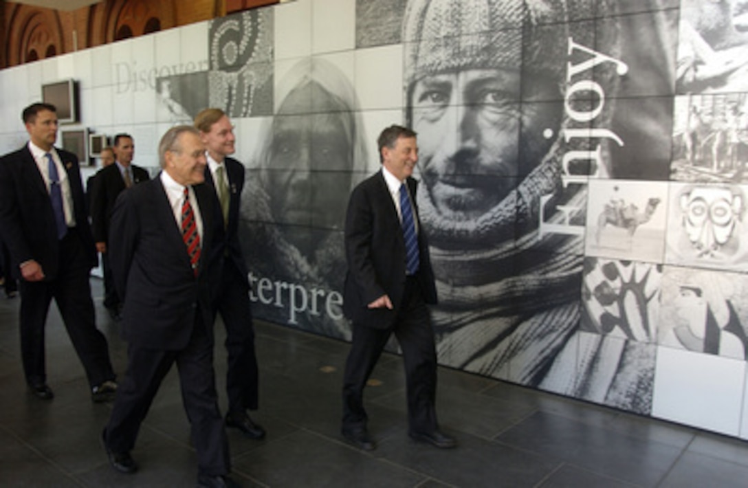 Secretary of Defense Donald H. Rumsfeld (left) tours the South Australia Museum with Australian Minister for Defense Robert Hill (right) and U.S. Deputy Secretary of State Robert Zoellick (center) in Adelaide, Australia, on Nov. 17, 2005. Rumsfeld and Zoellick are in Adelaide for the annual Australian-United States Ministerial Conference. 