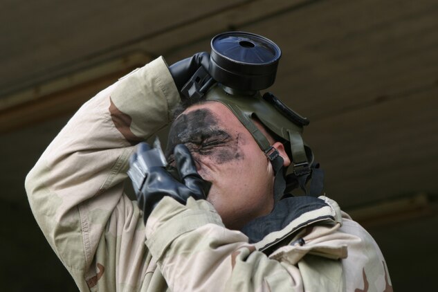 Lance Cpl. Jason A. Salas, PMO, rubs M-291 skin decon over his face during a demonstration at the