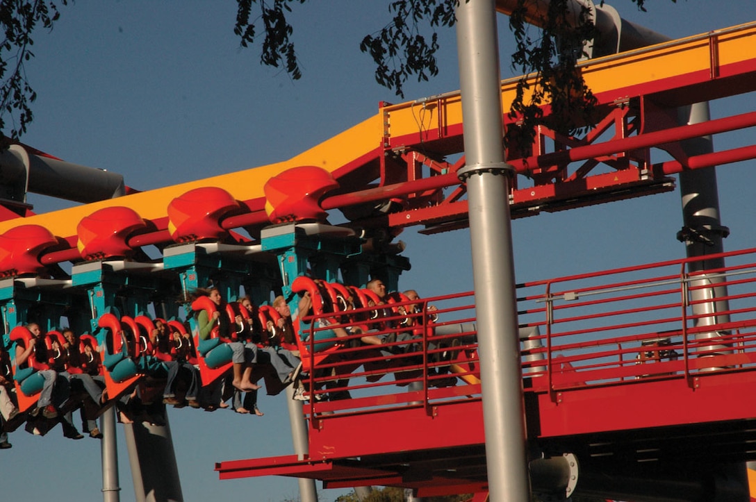 Air station Marines catch a thrill-a-minute ride on the Silver Bullet at Knott?s Berry Farm, Bueno Park, Calif., Nov. 22. The Marines went to the 160-acre amusement park for free as part of the park?s annual ?Veteran?s and Military Tribute,? which ended Thursday.