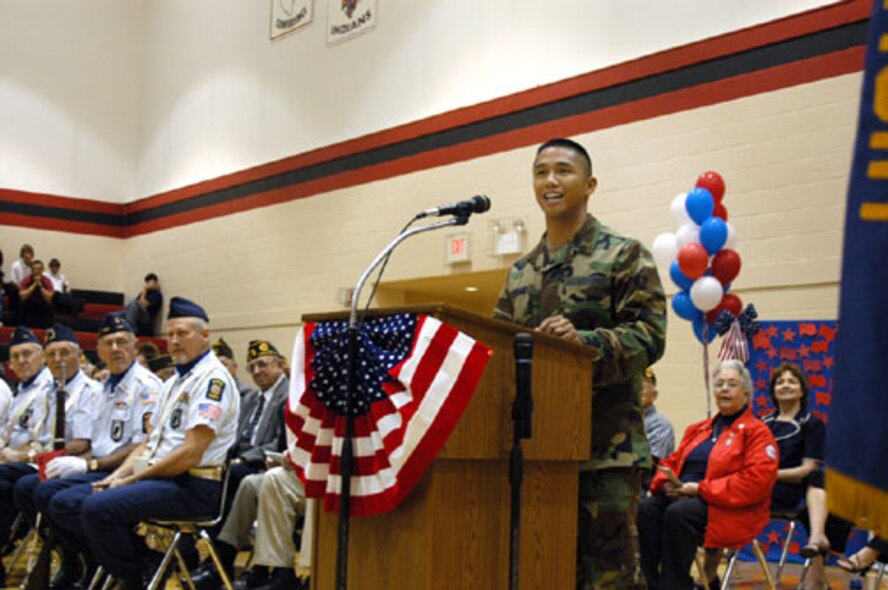 2nd Lt. Carlos Bersabe, 375 AW executive officer, offers the keynote speech during the Veterans Day ceremony at Highland Middle School. (Mr. Marvin Lynchard 375 AW)