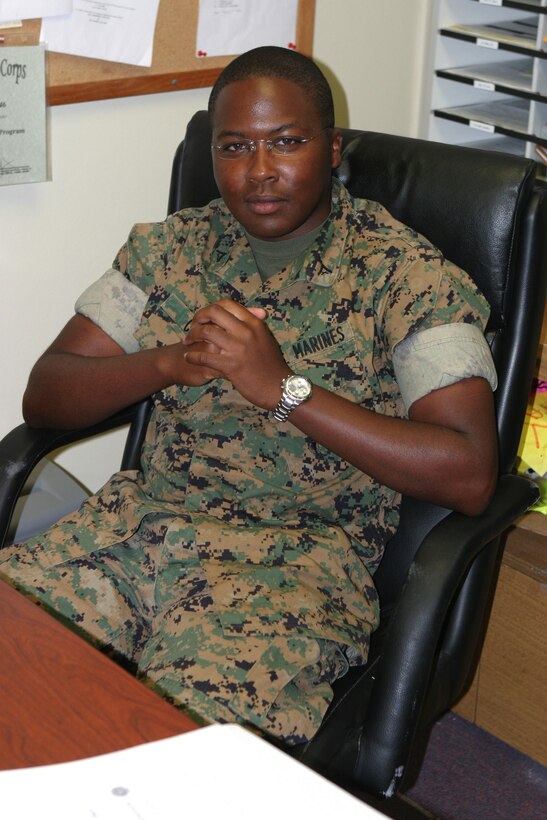 Lance Cpl. Phillip M. Cox, administrative specialist, Base Inspectors Office, strives to better himself through the Corps and hopes one day to become the first African American commandant of the Marine Corps.