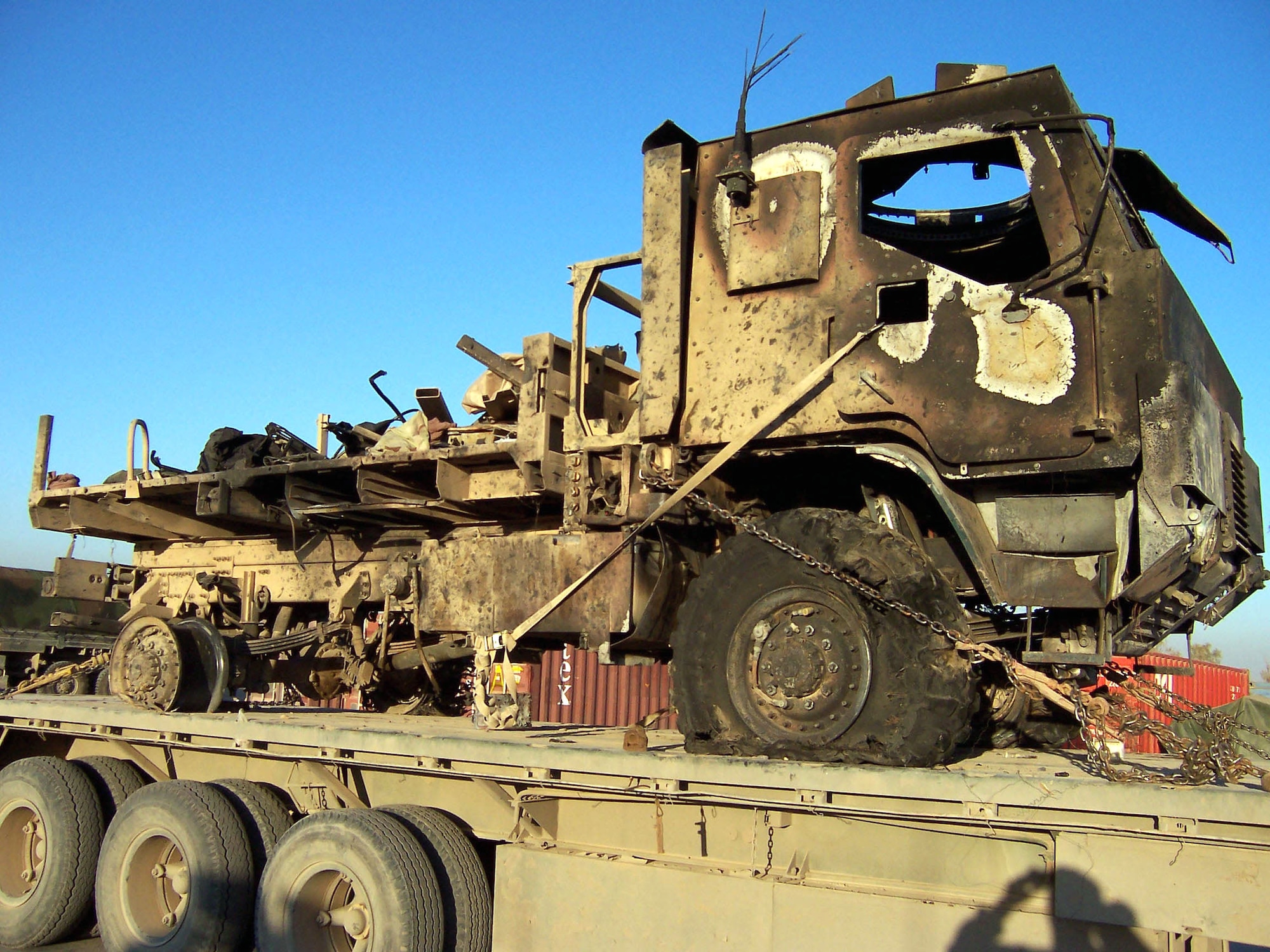 NORTHERN IRAQ -- A suicide bomber struck this truck on Nov. 30, 2004 killing seven and injuring 20 more. Miraculously, the three Airmen inside the vehicle emerged with only minor injuries. (U.S. Air Force photo)