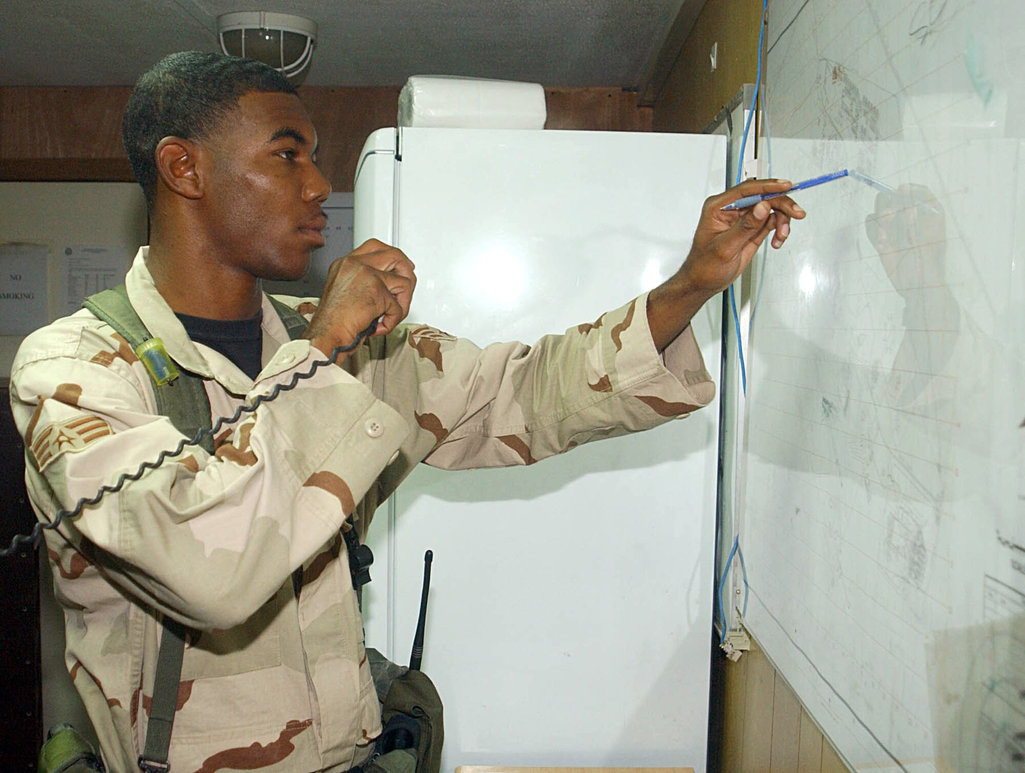 SOUTHWEST ASIA (AFPN) -- Senior Airman Donneil Perryman monitors the status of security patrols he dispatched at this forward-deployed location. Airman Perryman deployed from Davis-Monthan Air Force Base, Ariz. (U.S. Air Force photo by Tech. Sgt. Mike Hammond)