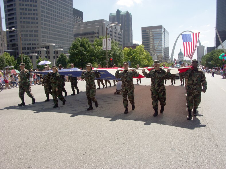 Members of the 932nd Airlfift Wing proudly marched the flag in the St. Louis parade this summer.  Want to become a member of this fine organization and give back to America?  Call a recruiter at 1-800-257-1212.