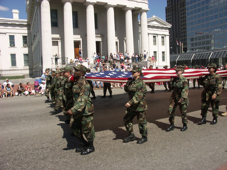 Members of the 932nd Airlfift Wing proudly marched the flag in the St. Louis parade this summer.