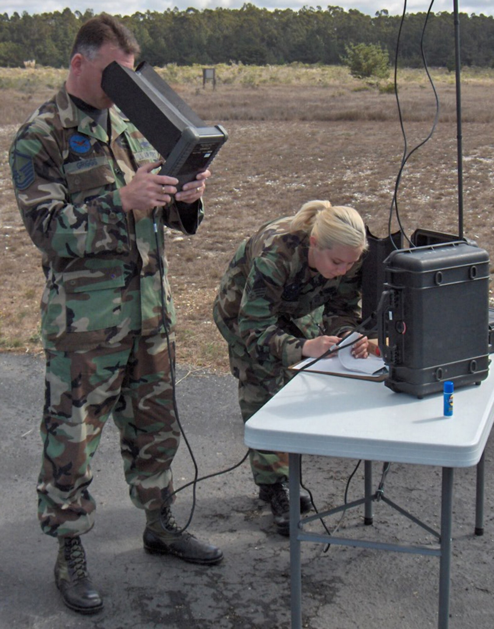 VANDENBERG AIR FORCE BASE, Calif. (AFPN) -- Master Sgt. Timothy Griggs (left) and Senior Airman Mirandy Mazzuca pilot and conduct light checks on a Raven, one of Vandenberg's UAVs. The Raven provides security, reconnaisance, surveillance capabilities and more. The Airmen are unmanned aerial vehicle pilots in the 30th Security Forces Squadron,  (U.S. Air Force photo)